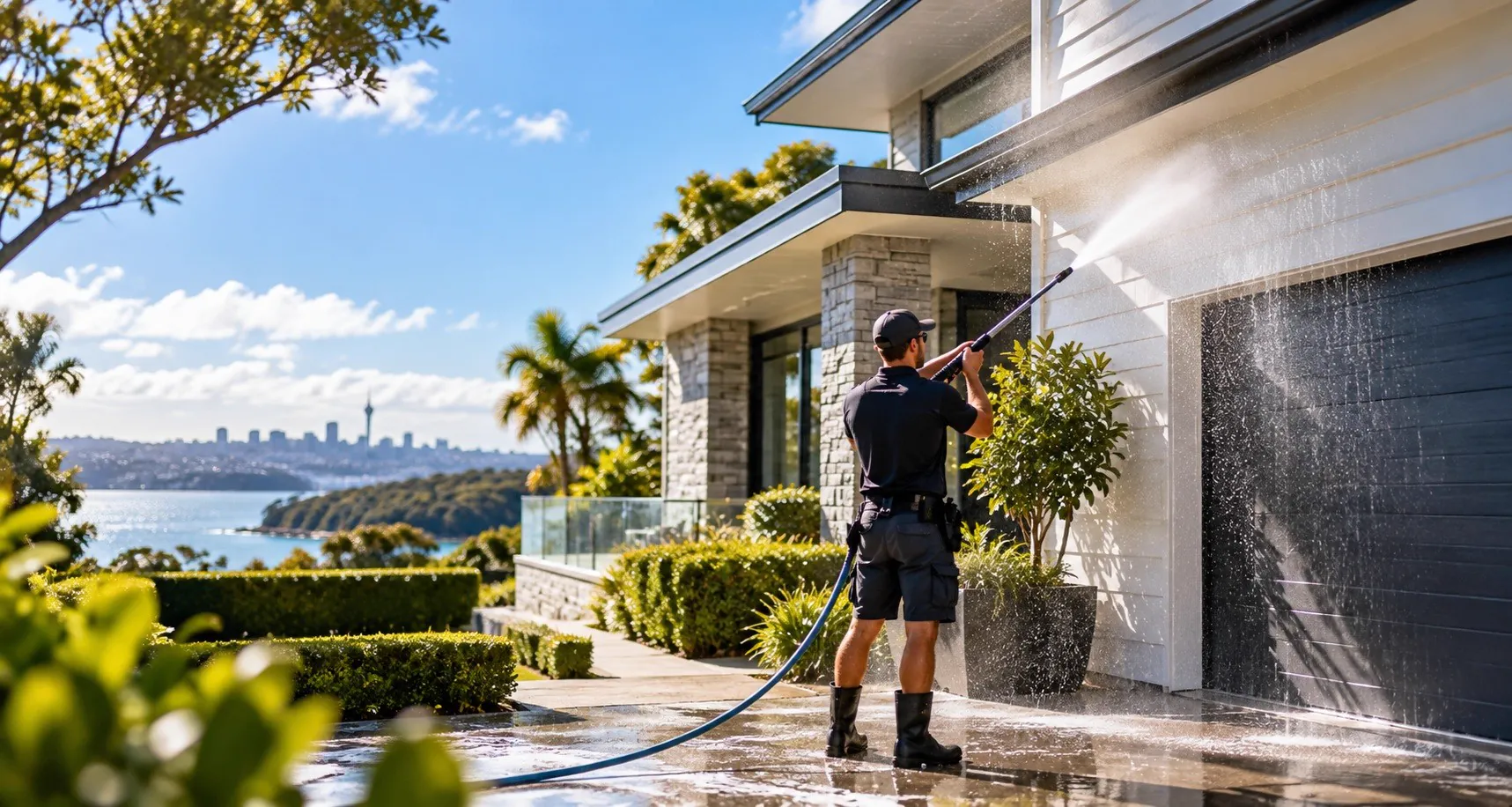 Technician soft washing the white weatherboard exterior of a modern Auckland home, with the harbour and city skyline behind